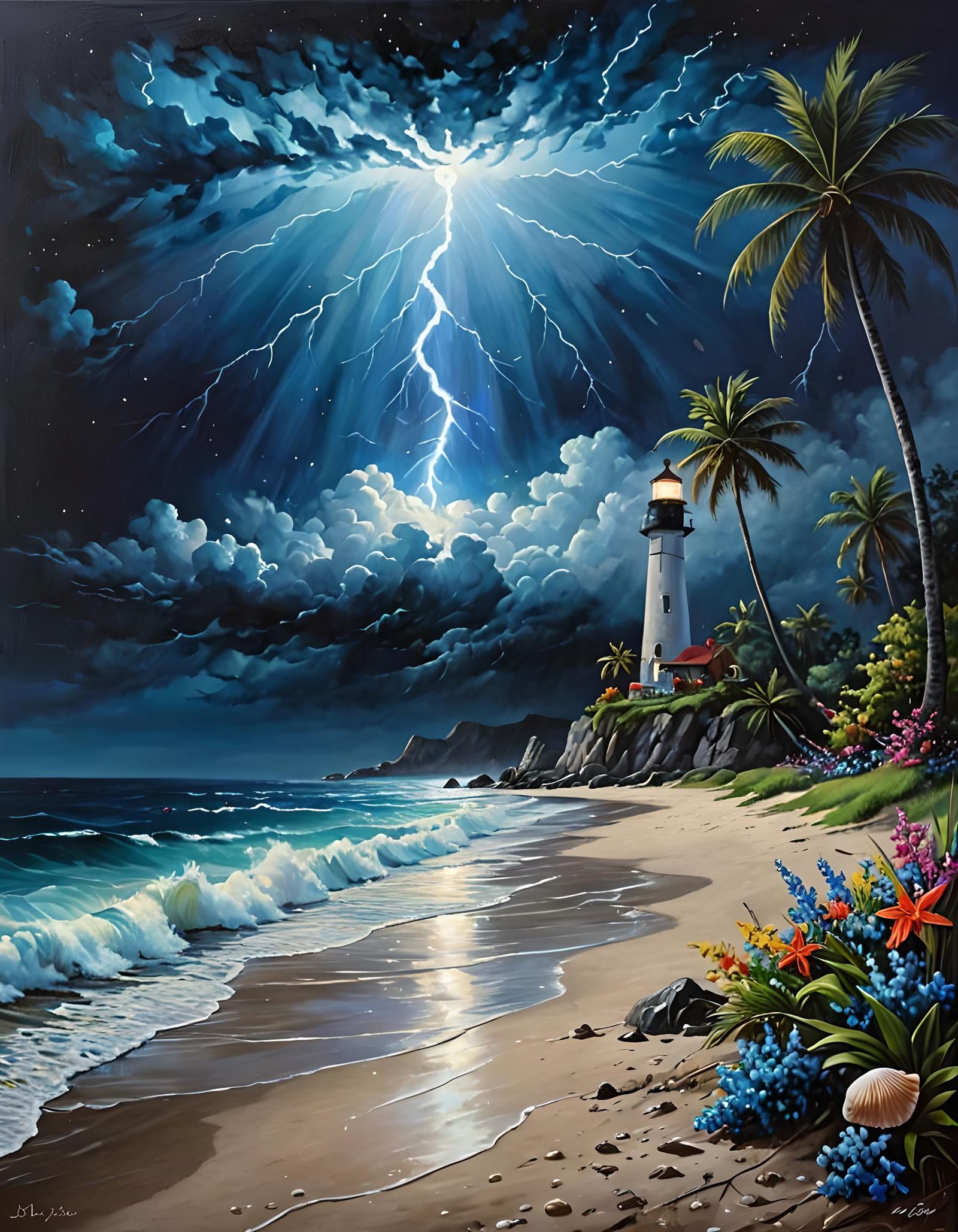 Moody Beach Scene with Lightning in Oil Painting