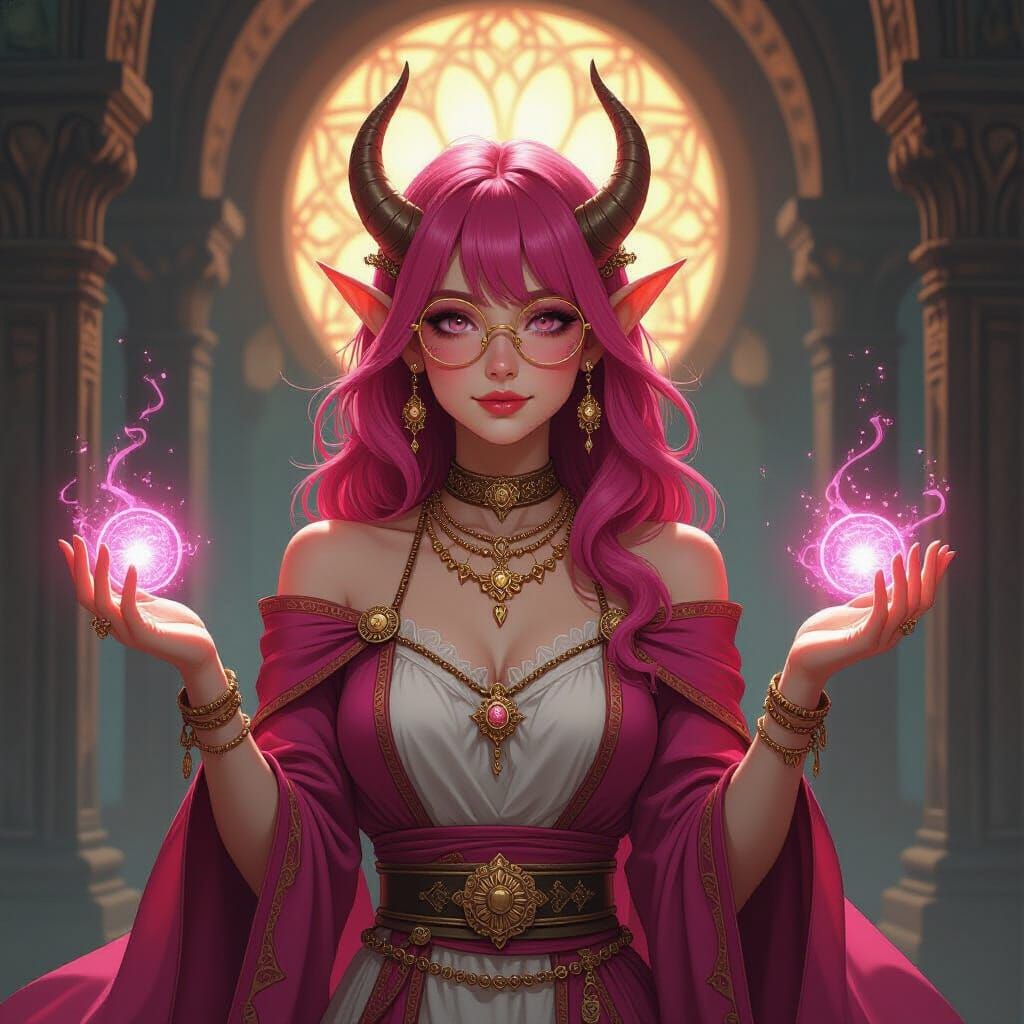 Pink Tiefling Cleric with Magical Glow in Fantasy Art Style
