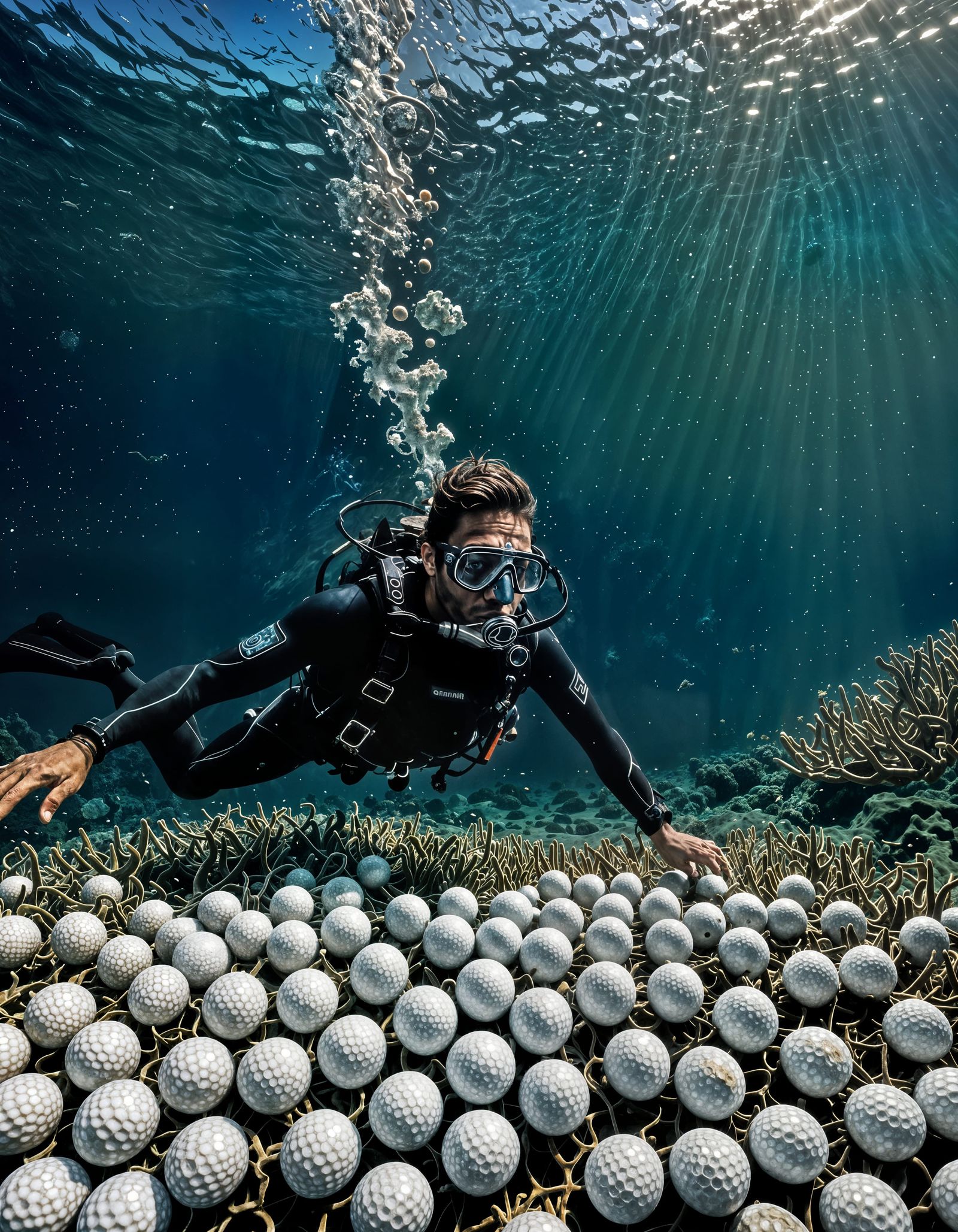 Underwater Diver Surrounded by Golf Balls in Coral Reef