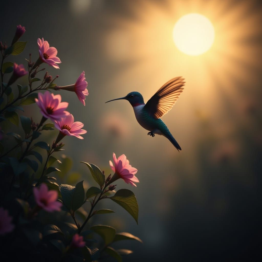 Hummingbird in Flight Amidst Trumpet Flowers and Moon