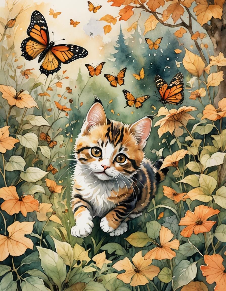 Calico Kitten's Butterfly Chase: Watercolor Illustration