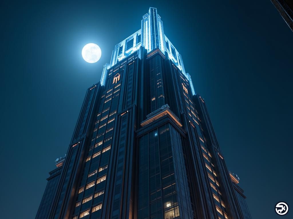 Art Deco style version of the MCU Avenger's Tower shown at night. Art Deco DC. Dunno if it worked, but...