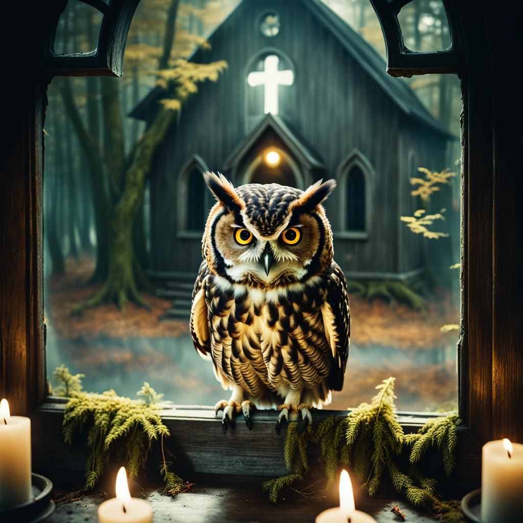 Scared Owl and Evil Twin Reflection in Horror Scene