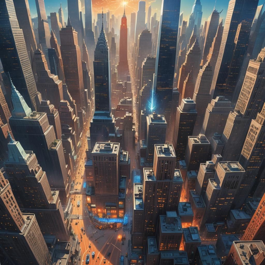 Majestic New York Cityscape with Soaring Creatures
