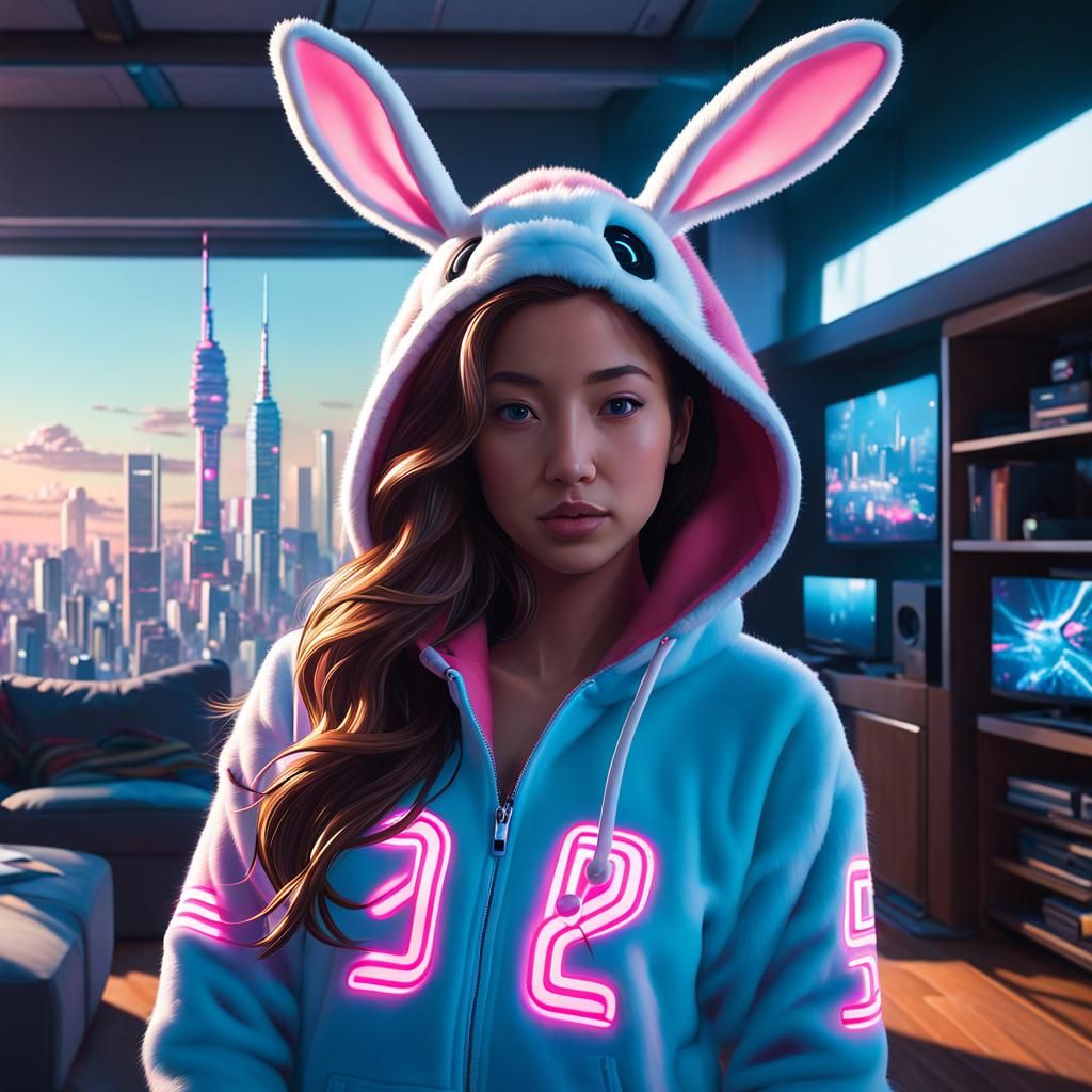 Person in Bunny Onesie in Cyberpunk Penthouse