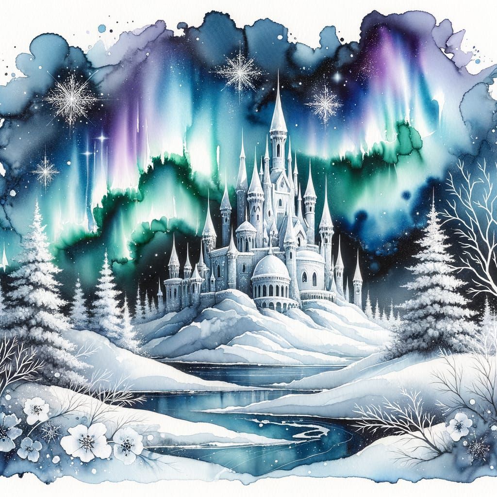 Magical Winter Scene with Ice Castle and Northern Lights