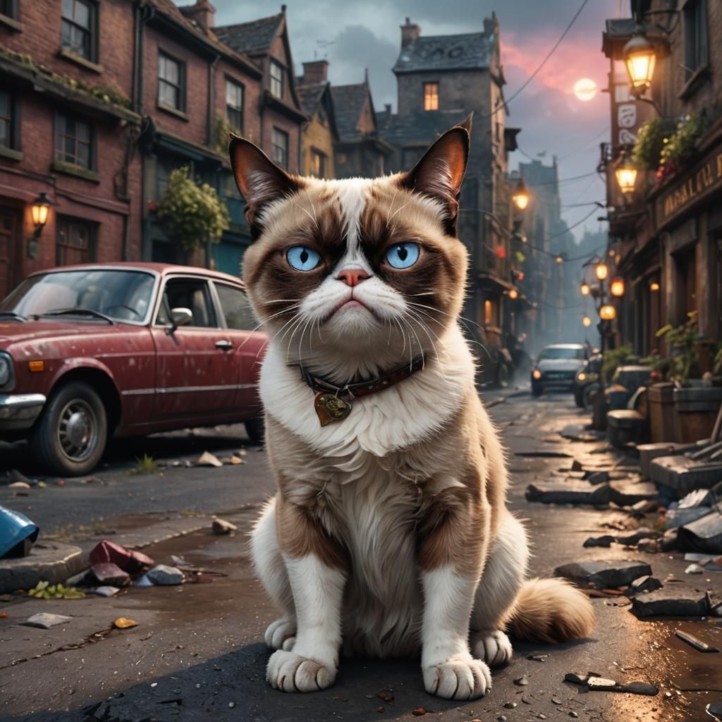 Grumpy Cat Matte Painting in Front of Car