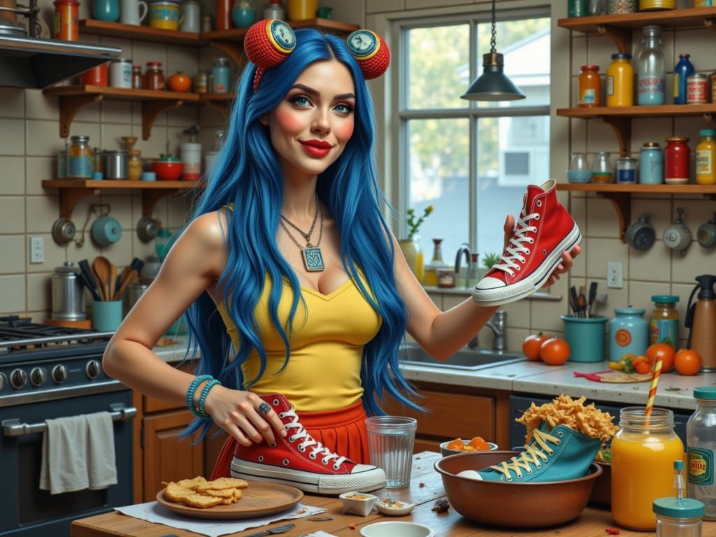Woman Chats With Sneaker While Cooking in Colorful Kitchen
