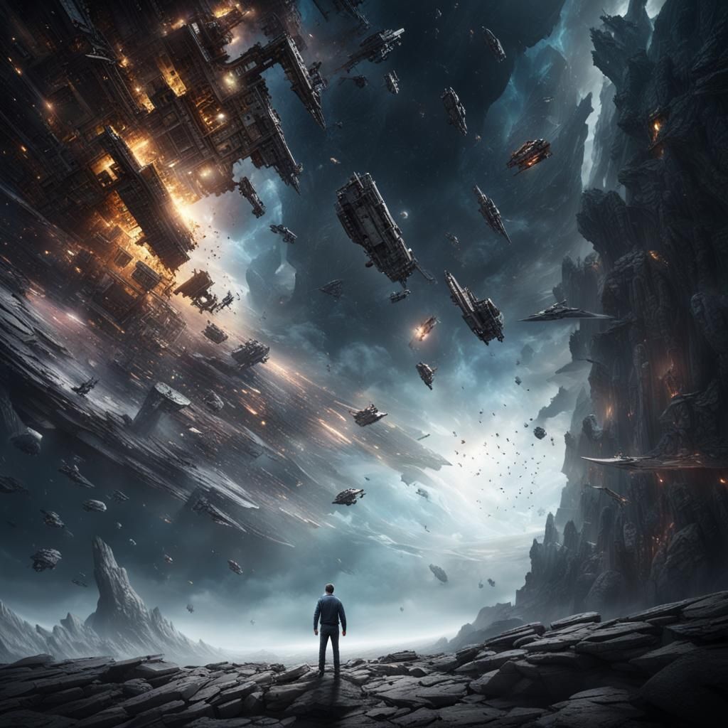 Man Floating Over Fractured Space in Digital Painting