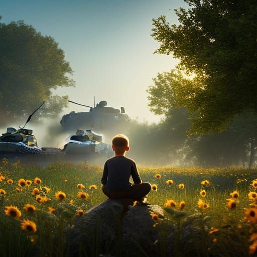 Terrified Boy in War-Torn Countryside, Unreal Engine Art