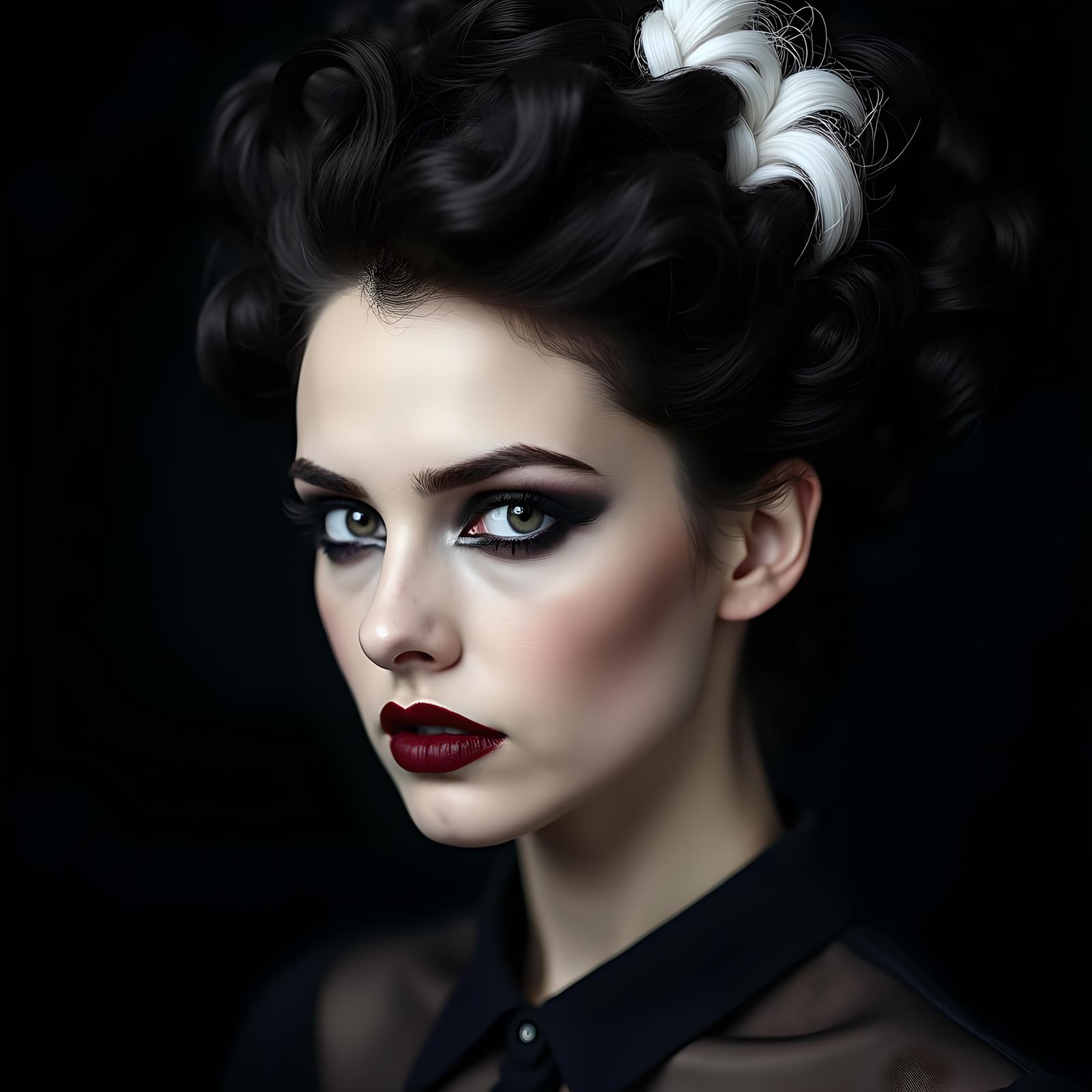 Gothic Portrait of Woman with Piercing Eyes and Curls
