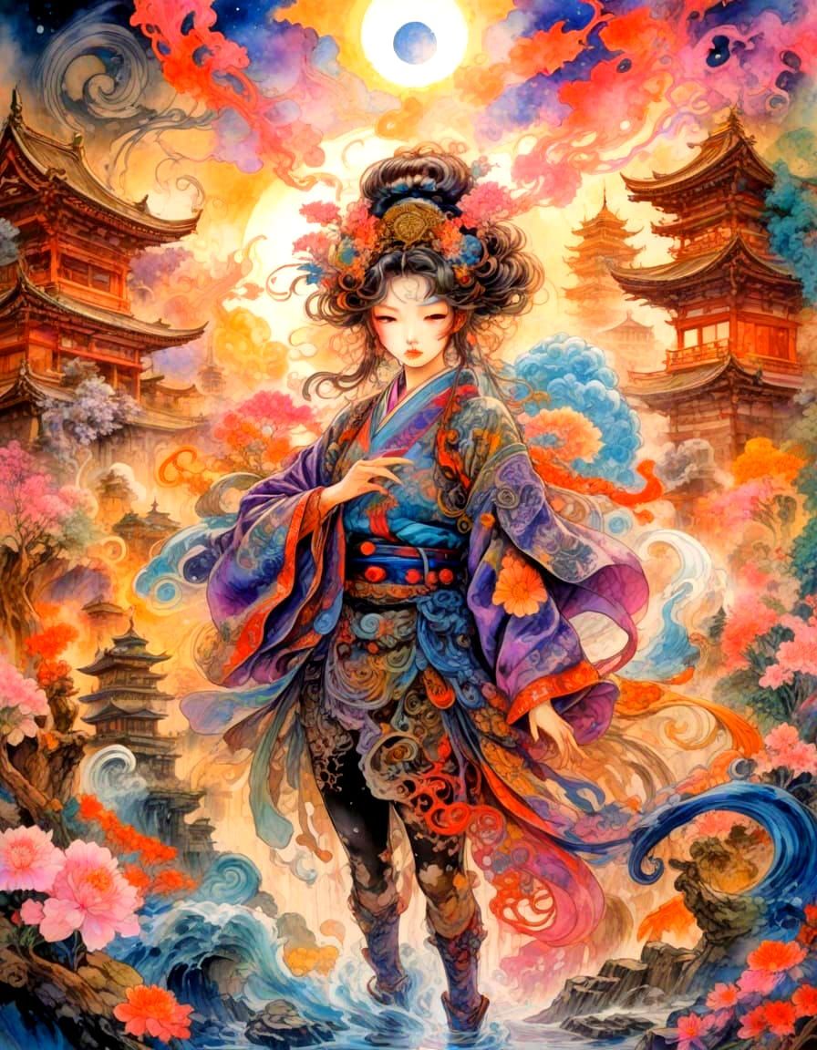 Psychedelic Watercolor Fantasy Painting of a Mysterious Japa...