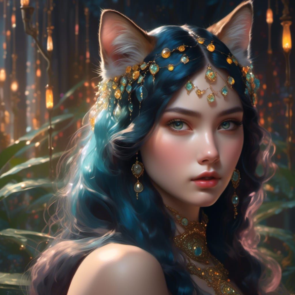 Cat-Human Goddess in Desert Oasis, Digital Painting