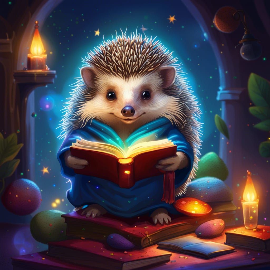 Wizard Hedgehog Reading Spell Book with Volumetric Lighting