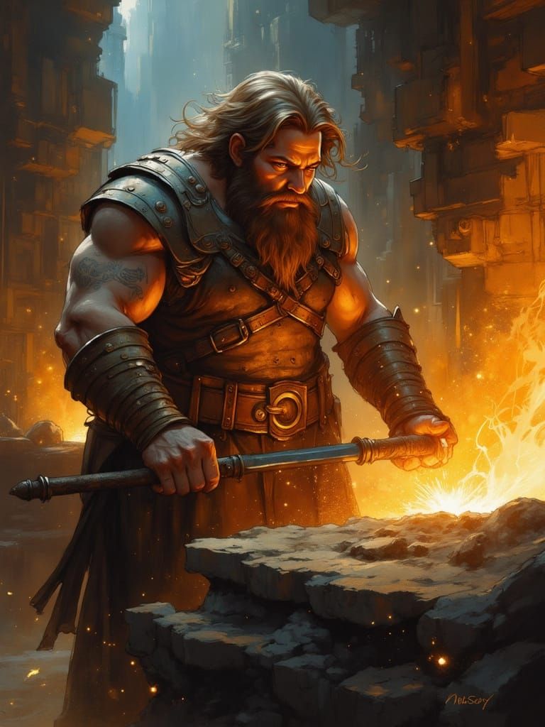 Dwarf Blacksmith Forging Metal in Fiery Forge