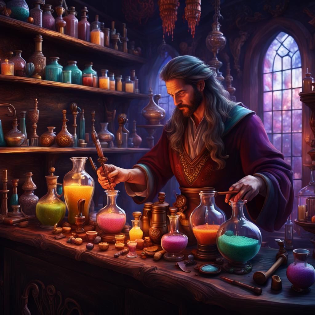 Potion Maker's Timeless Elixir in Cosmic Fantasy Art