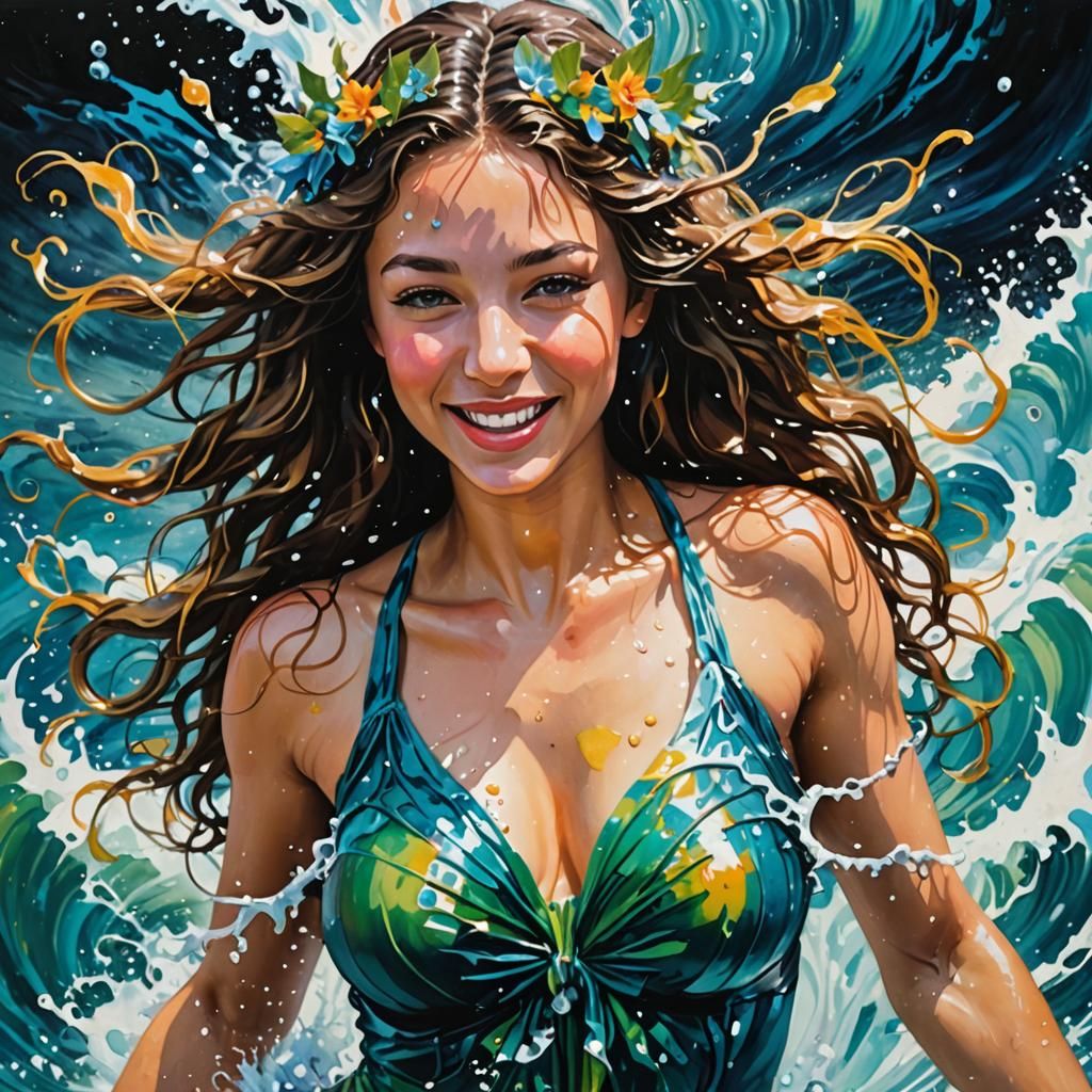 Joyful Water Nymph Portrait in Gouache Style