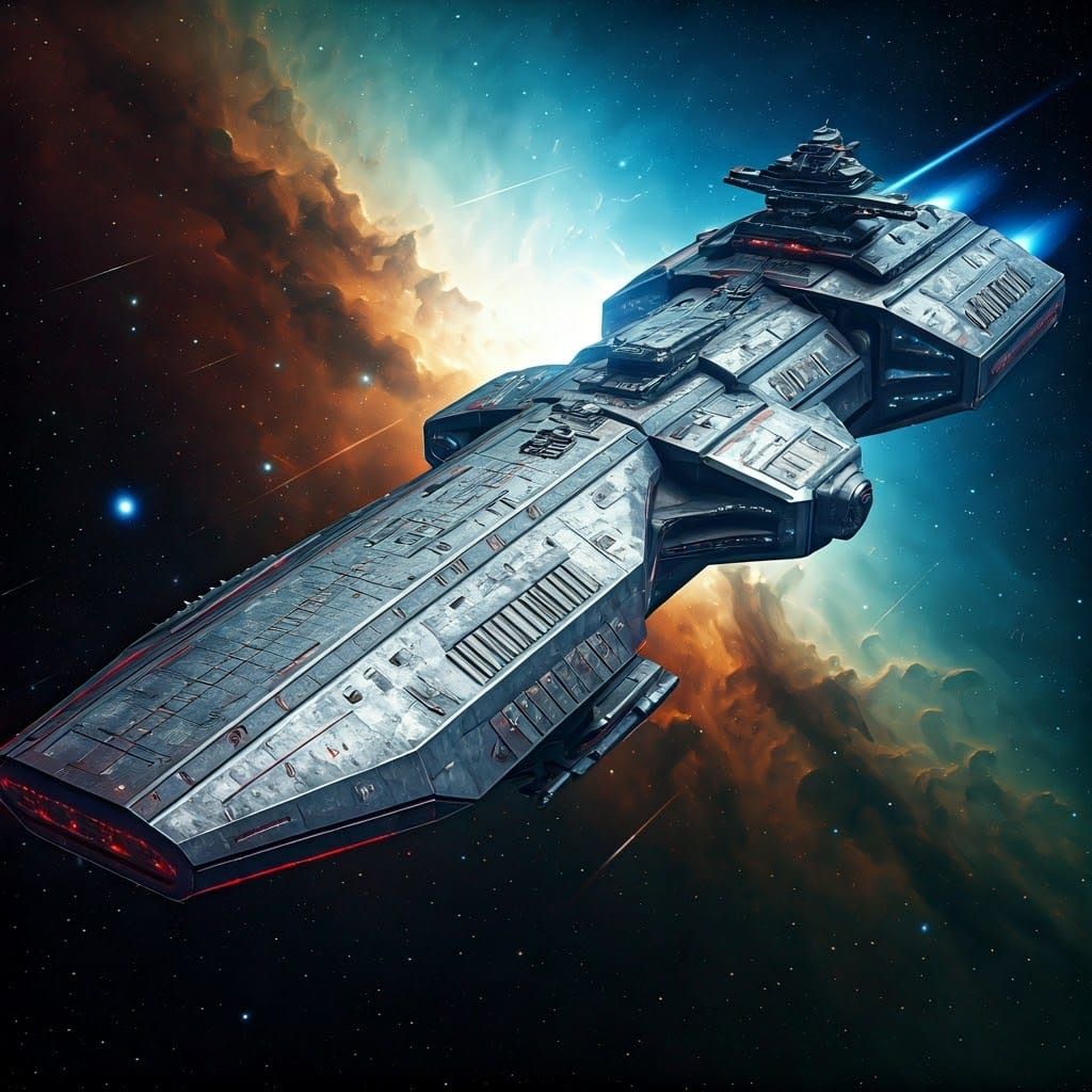 Silver Space Warship with Laser Cannon, Retrofuturistic Styl...