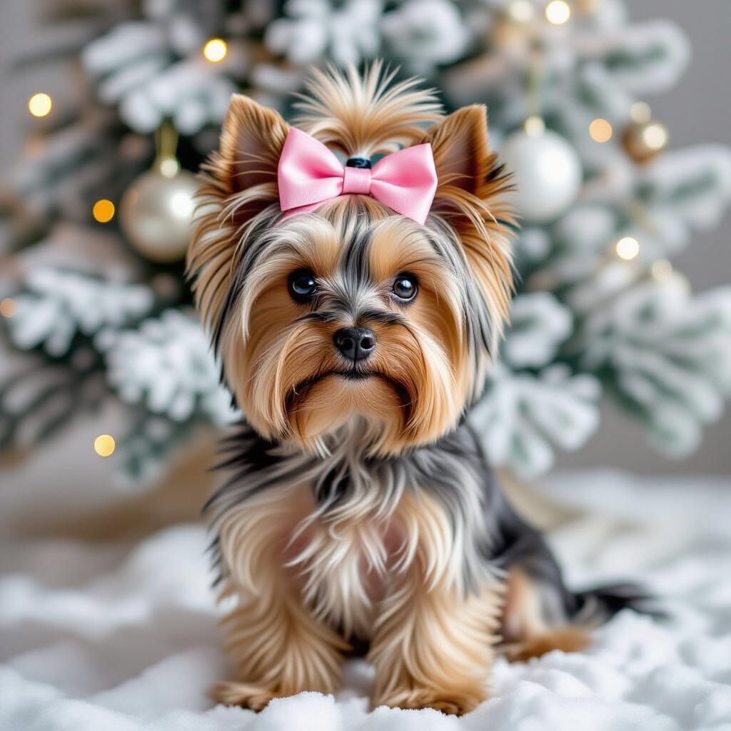 Yorkshire Terrier with Pink Bow at Christmas, Photorealistic