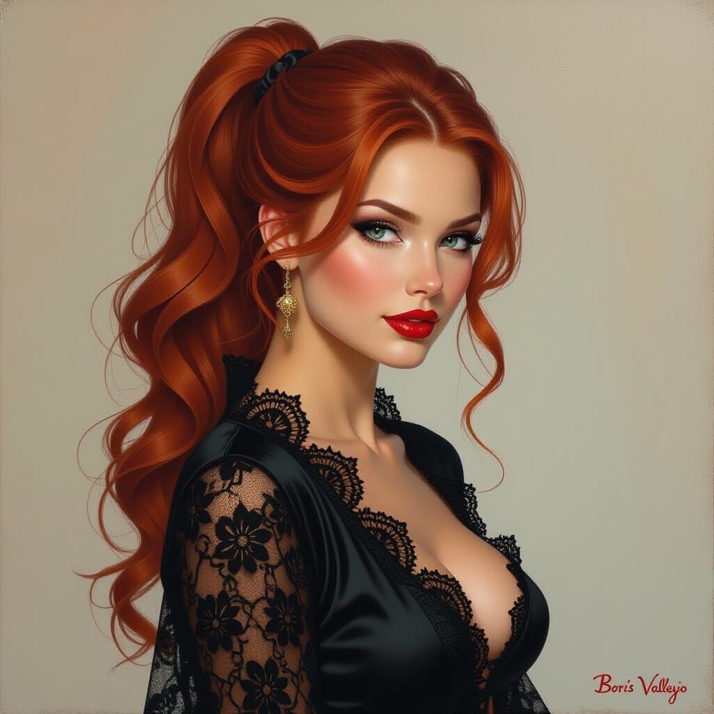 Redhead Mage in Lacy Robe, Oil Painting Style