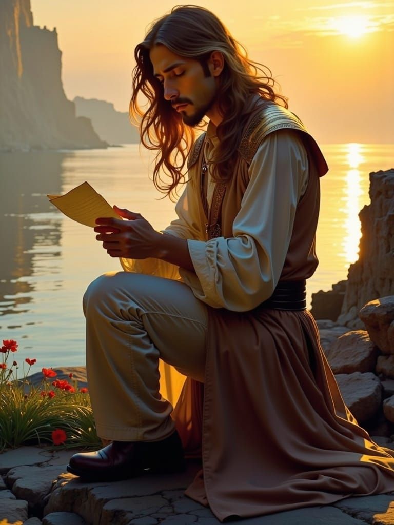 Melancholy Man Reads Letter with Art Nouveau Style