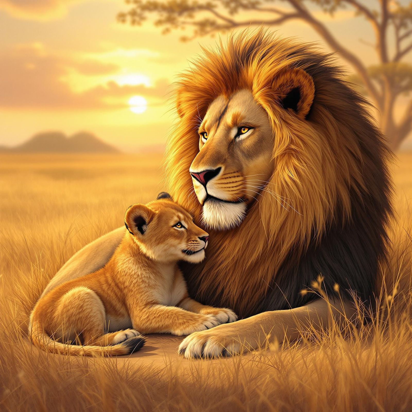 Majestic Lion Father Guards Cub in Warm Sunset Scene