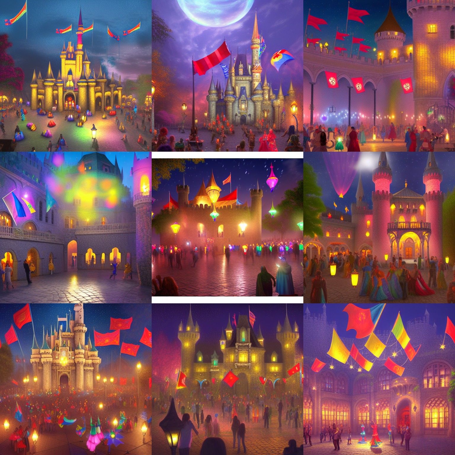 Magical Castle Courtyard Festival at Night