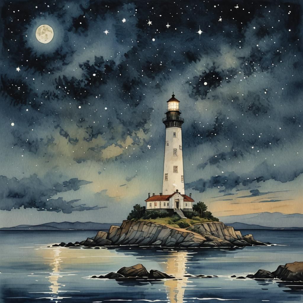 Lighthouse Under Starry Sky in Watercolor Style