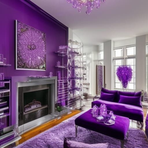 Crystal cave penthouse with Beautiful purple lights everywhere& purple furniture& purple tables& purple crystal lamps& p...