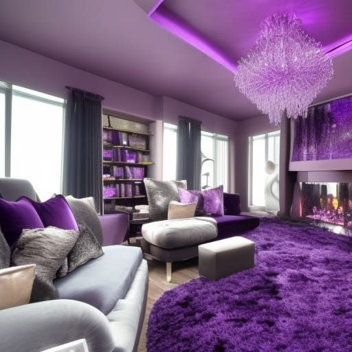 Crystal cave penthouse with Beautiful purple lights everywhere& purple furniture& purple tables& purple crystal lamps& p...