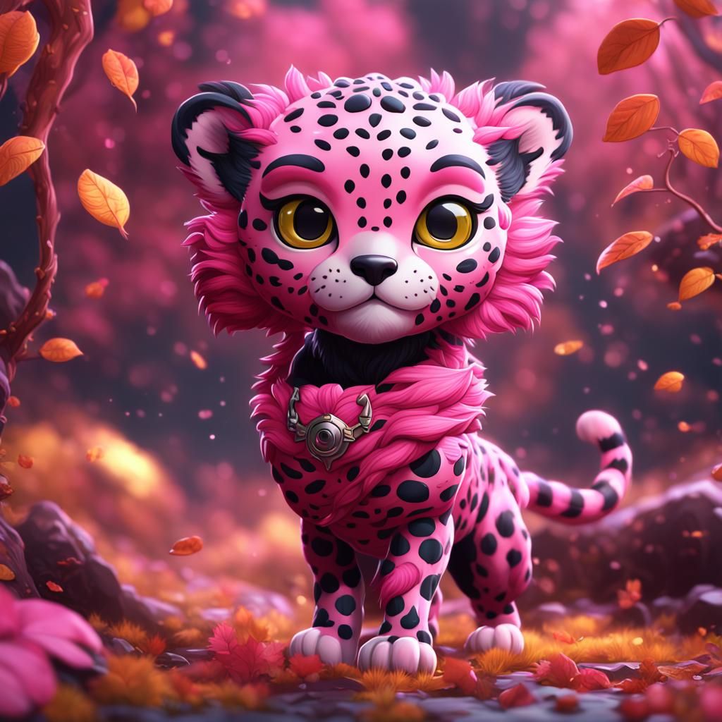 Pink Chibi Cheetah in Detailed Fantasy Style
