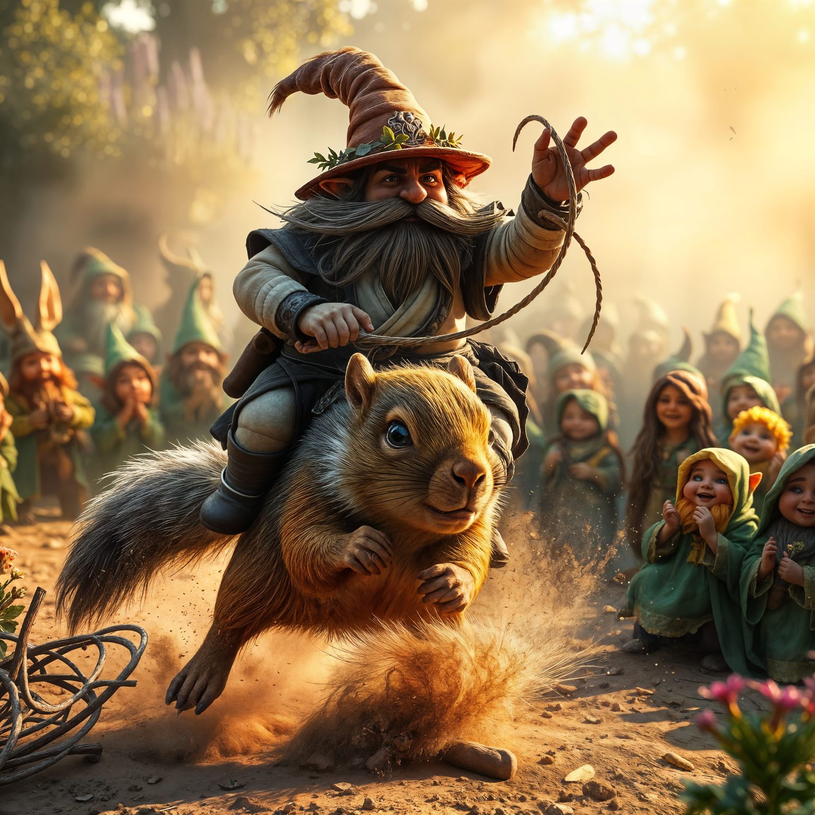 Gnome Rides Squirrel in Rodeo Scene