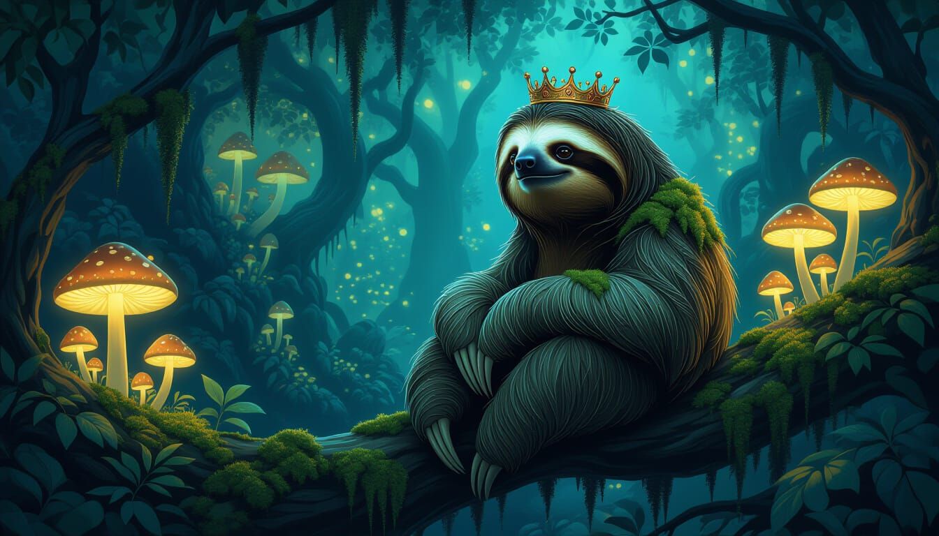 Wise Sloth in Bioluminescent Forest, Dark Fantasy Illustrati...