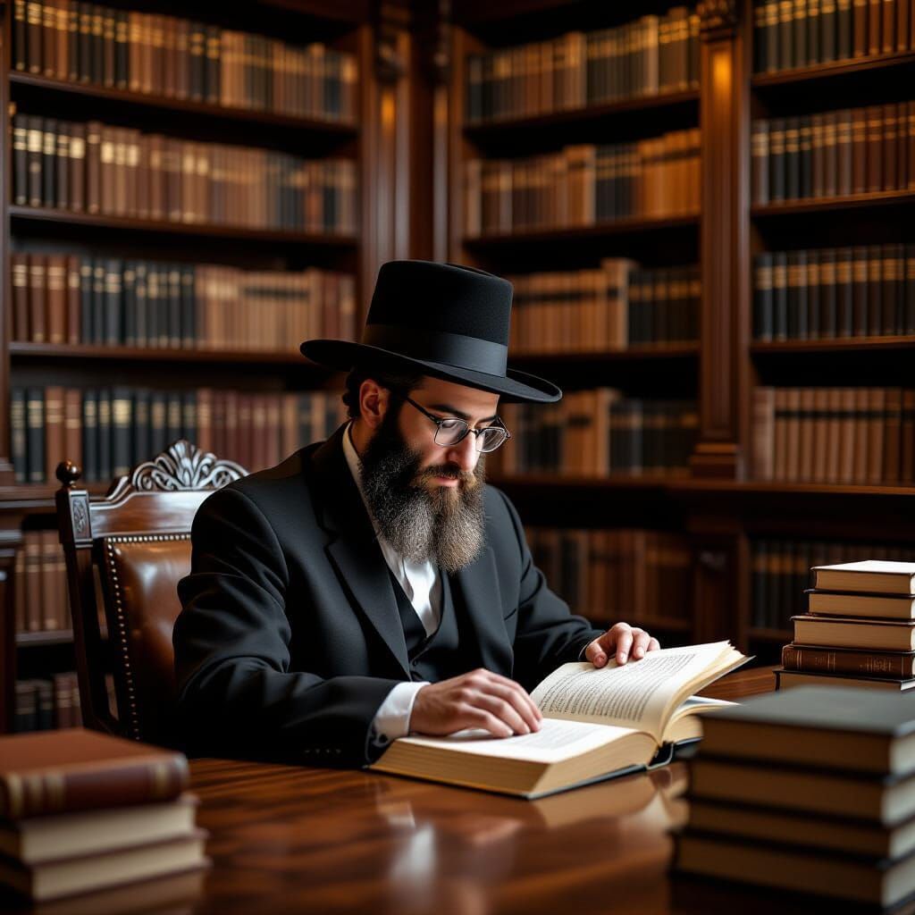 Orthodox Jewish Man Studying in a Book-Filled Room