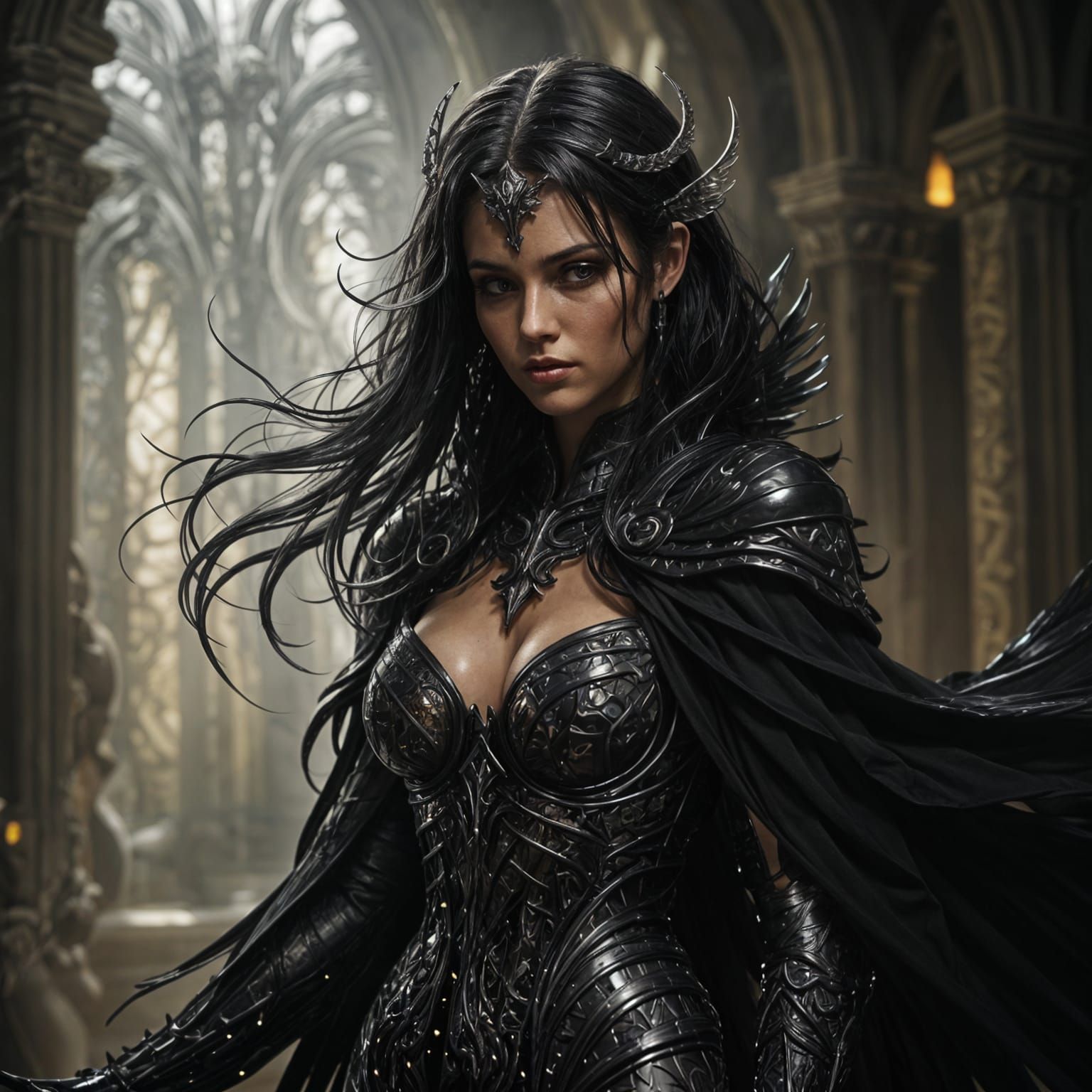 Cyber Gothic Angel in Black Glass Armor