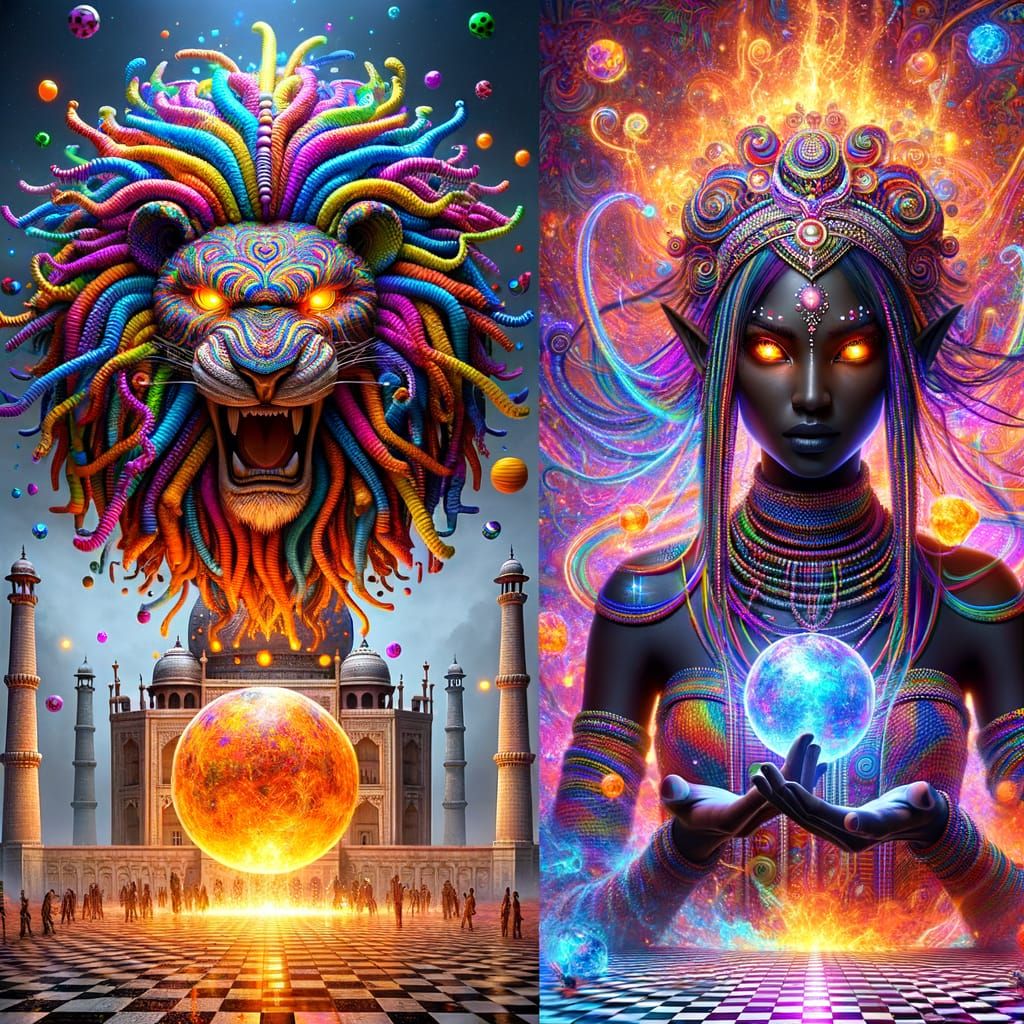 Empress Goddess and Lion Warlord Over Graffiti Taj Mahal