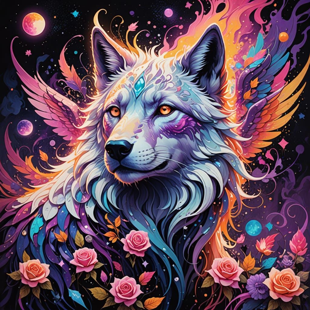 Celestial Neko Wolf Fox Unicorn in Vibrant Galaxy with Diamo...