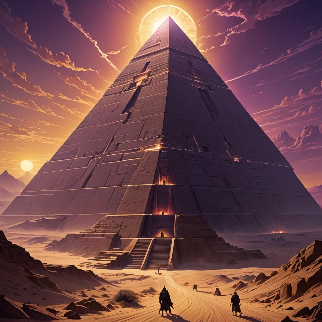 Ancient Pyramid Emitting Light Beams, Dark Fantasy Art
