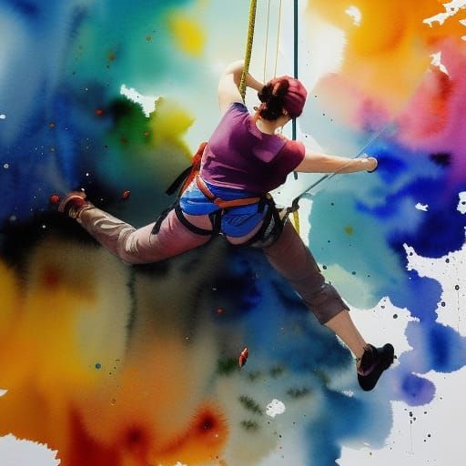 Woman Abseiling: Watercolor Painting with Ink Effects