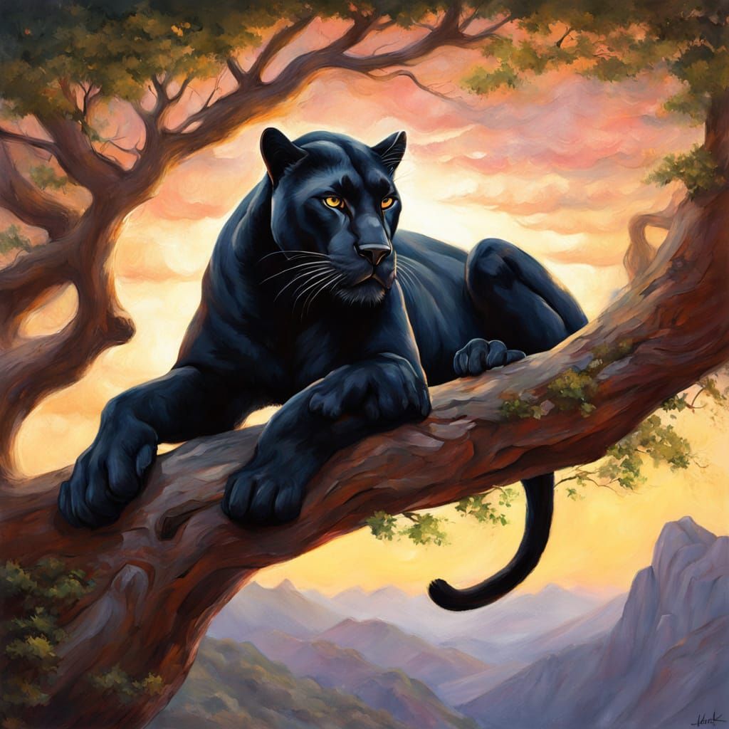 Majestic Black Panther Sleeps in Luminous African Sunset