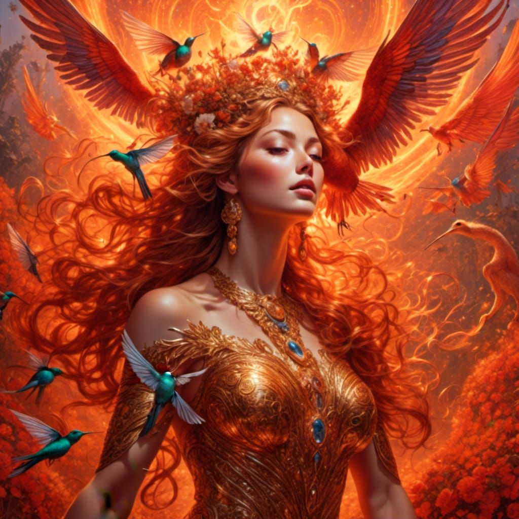 Fiery Woman Emerges from Savanna with Hummingbirds