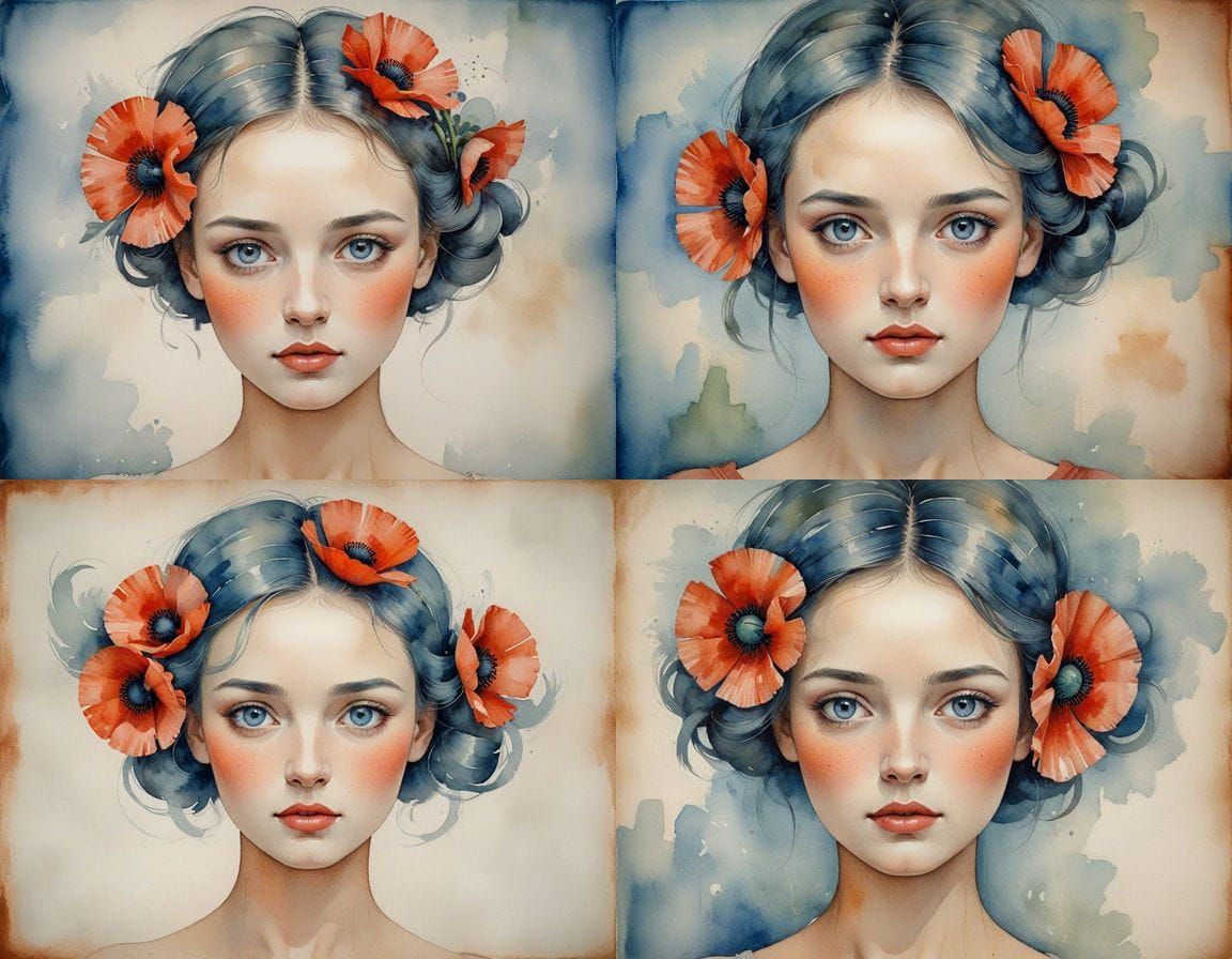 Woman with Poppy: Watercolour in Paul Klee Style