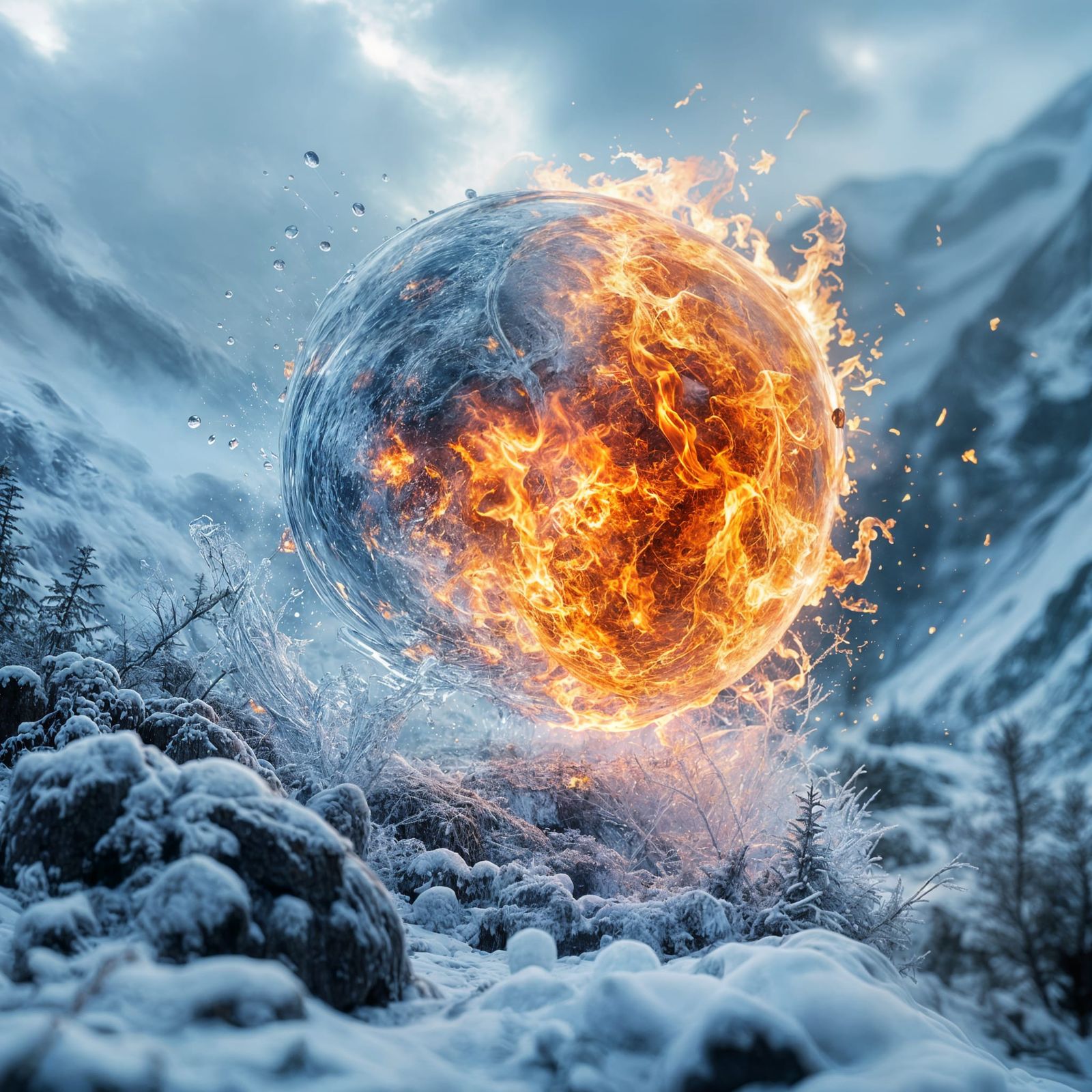 Surreal Ice Sphere Clashes with Electrified Fire Sphere