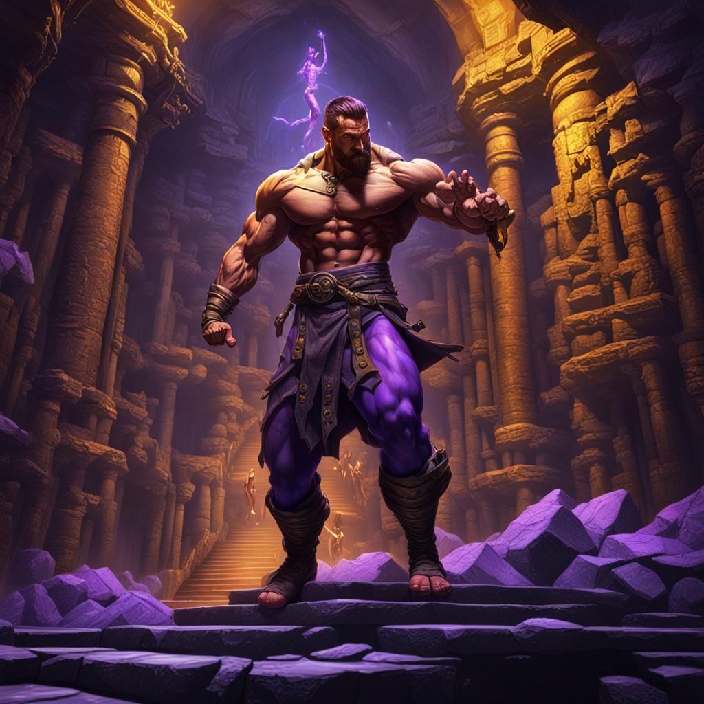 Muscular Man Handstand in Dark Dungeon, Detailed Digital Art