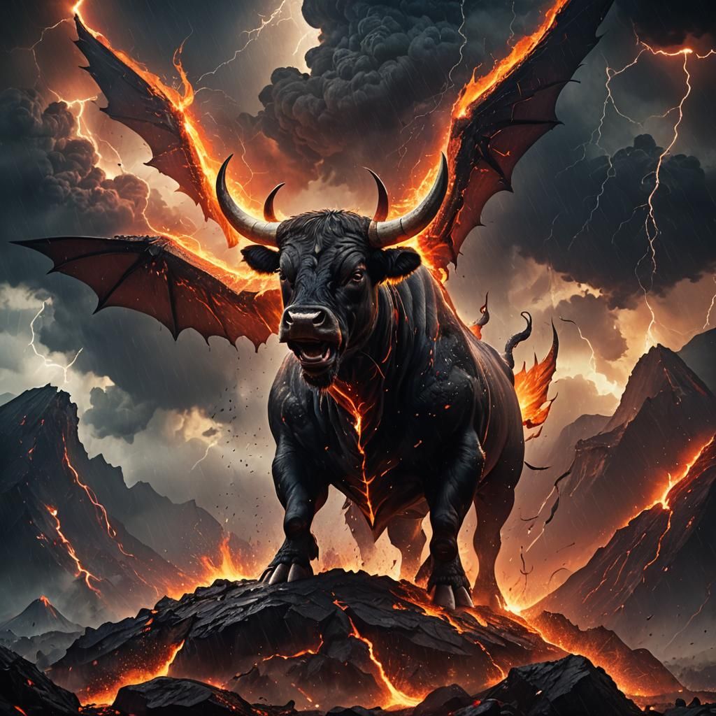 Fiery Bull Amidst Volcanic Storm: Epic Fantasy Art
