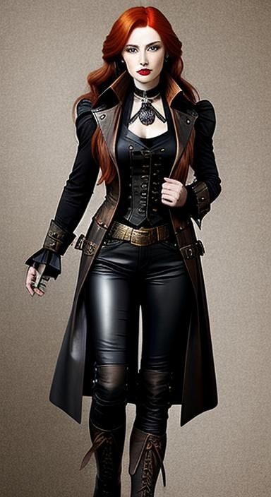 Steampunk Auburn-Haired Woman in Leather Outfit
