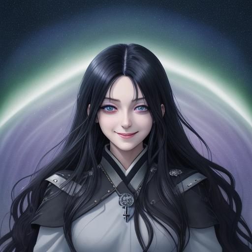 Anime Portrait: Dark Hair, Icy Eyes, Radiant Smile