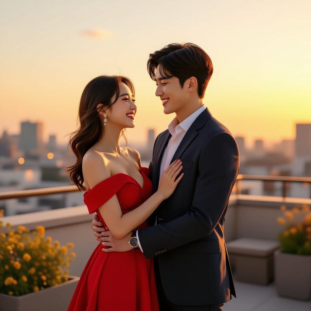 Romantic Korean Rooftop Sunset in K-Drama Style