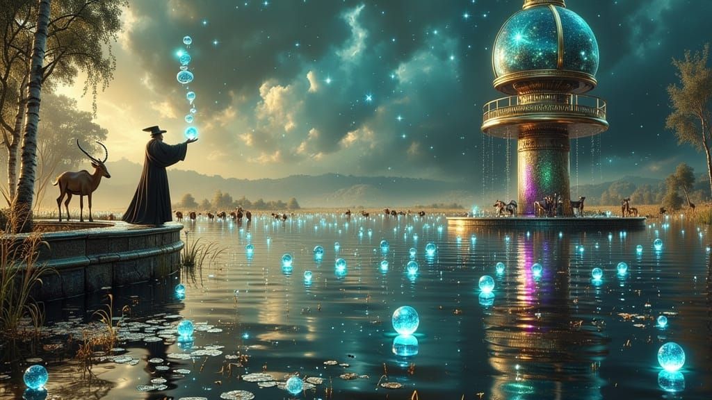 Oryx and Wizard at Savanna Waterhole: Surreal Steampunk Scen...