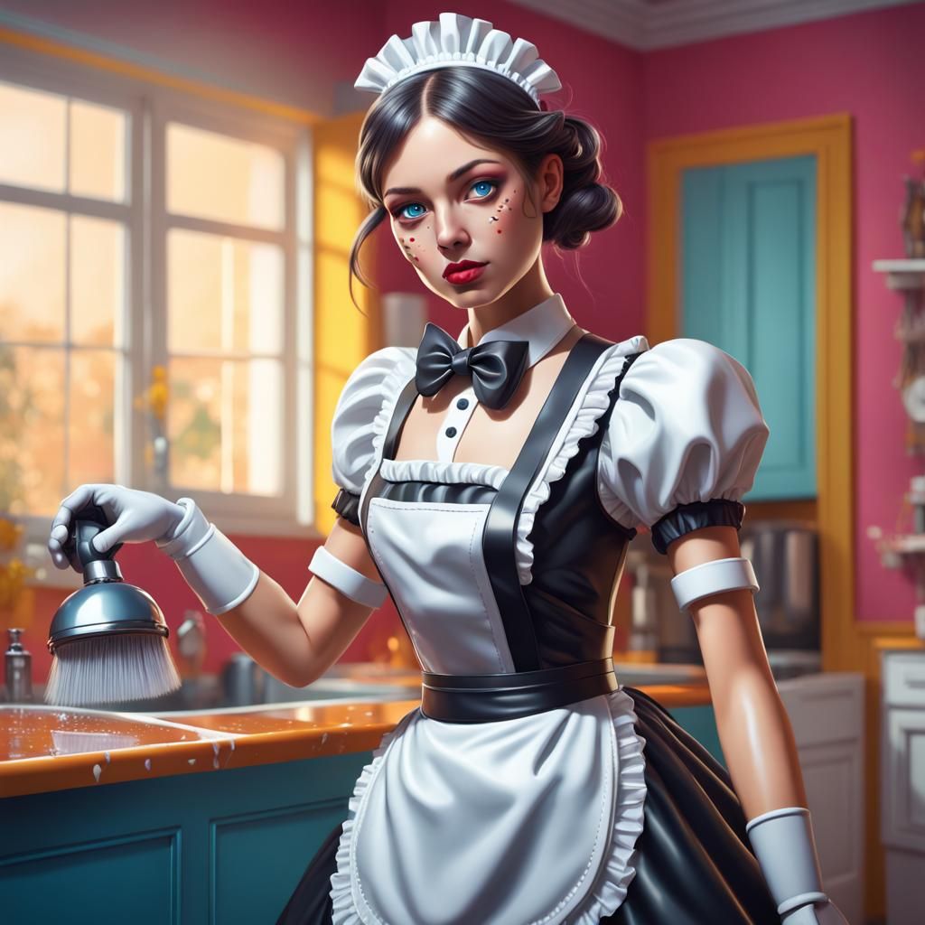 Hyperrealistic French Maid Robot Butler Cleaning